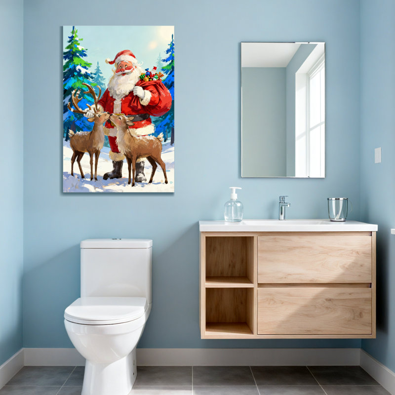 Noël père Noël avec renne dans la forêt enneigée, H 24 po x l 16 po