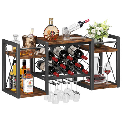Wall Mounted Wine Rack with Glass Holder, Wood-Metal Retro Bar Shelf, Wine Bottles Display Wall Storage for Kitchen Dining Room Home Bar
