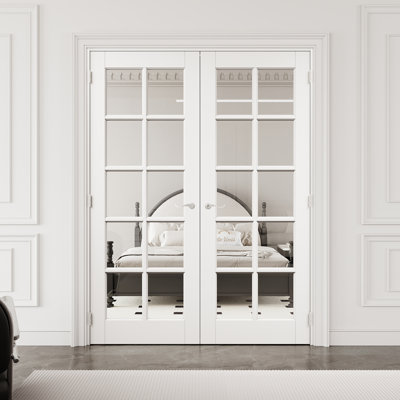 56" x 80" 10-Lite Clear Glass Interior French Door with Silver Hardware & Latch & Door Lever, Tempered Glass Door Slab with Safety, Paintable & Waterproof, Suit for Laundry, Closet Doors, Room Doors, Assembly Required