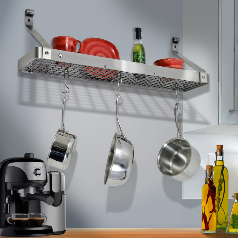 Gourmet USA Handcrafted Wall Mounted Pot Rack, Stainless Steel, 17" H x 36" W x 13" D