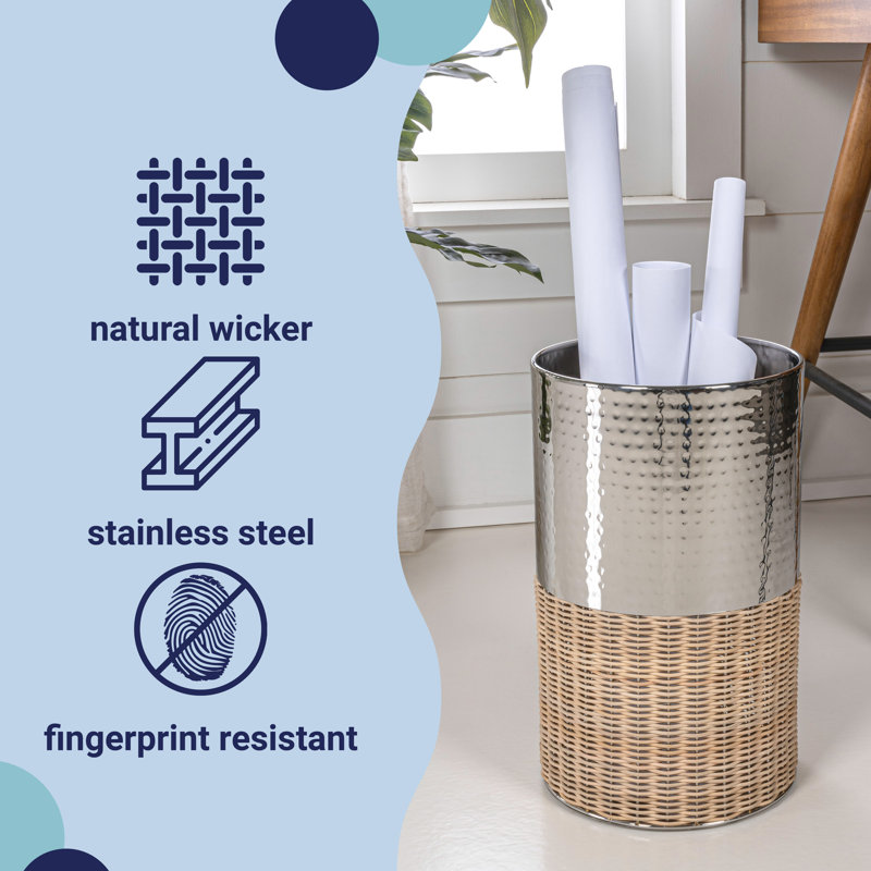 Asher Chrome and Natural Wicker Cylinder Waste Basket