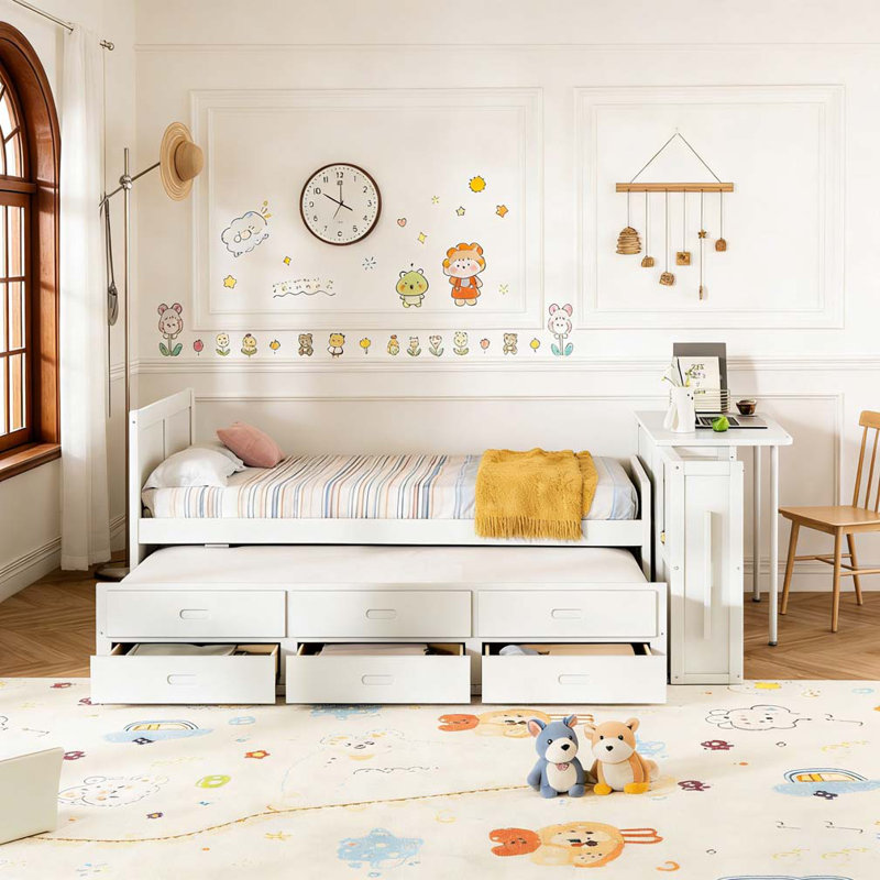 Lit plateforme simple en bois multifonctionnel avec bureau et tablette de rangement au bout du lit, Blanc