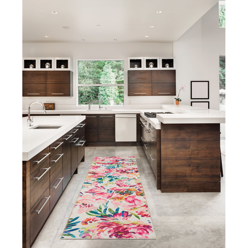 Tapis lavable à la framboise et à l'ivoire tissé à la machine Migliore, Tapis de couloir 2 pi x 8 pi