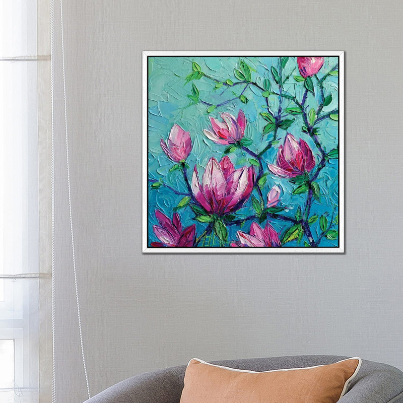 Magnolias by David Stribbling - Painting on Canvas, 66.04 cm H x 66.04 cm W, White Framed