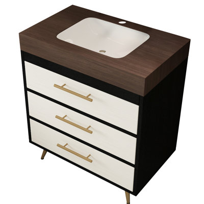 Meuble-lavabo sur pied avec lavabo vasque en céramique et plateau en pierre frittée French Country. Le meuble-lavabo de 29,9 pouces est fait de contreplaqué, l'eau et a une belle finition. Lavabo intégré spacieux et moderne
