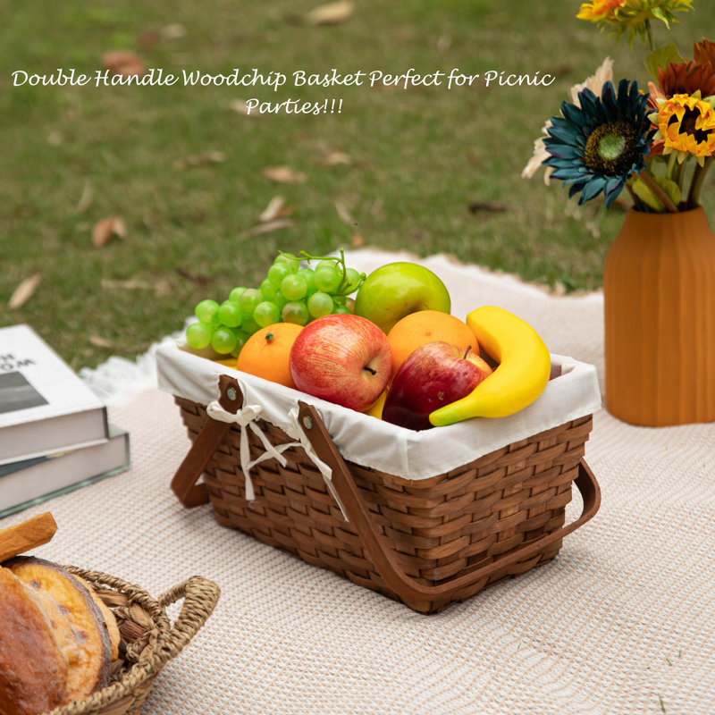 Rustic Brown Woodchip Picnic Basket with White Liner