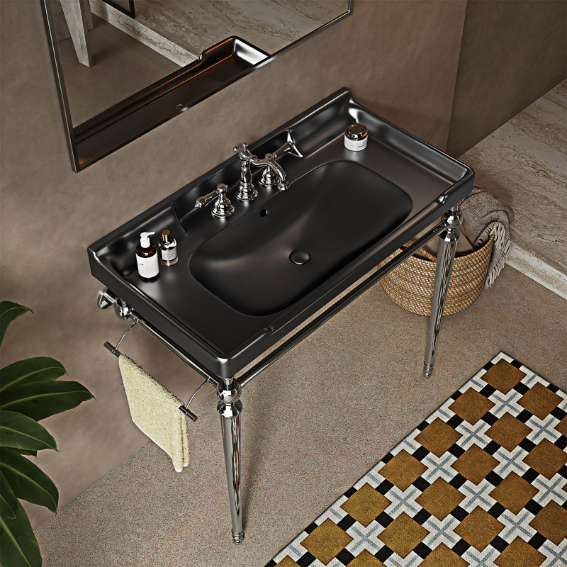 Lavabo de console de salle de bain, lavabo mural en céramique noire avec trous de robinet pré-percés, Chrome chrome, 36"