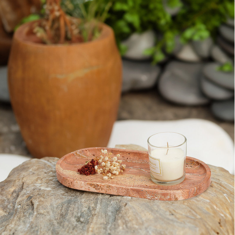 Plateau en marbre naturel ovale Guein, travertin rouge