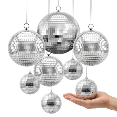 Miroir Disco Ball 4 "6" 8 "Paquet de 8 boules argentées avec anneau de suspension, pour les accessoires de décoration de fête, boîte de nuit, 2 tailles de carreaux de miroir, reflète la lumière, grand mariage musique d'anniversaire