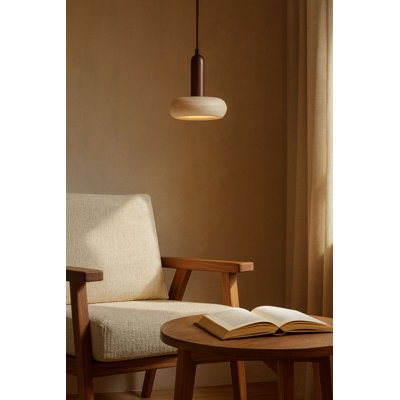 Lustre réglable Elegant, structure en bois avec capuchon en travertin, hauteur de 22 à 59,8 pouces | Plaque de base de diamètre 5,9 po x 1,6 po | 1 x DEL 24 W, finition beige et noyer | Parfait pour la salle à manger, le salon et les entrées, conception moderne