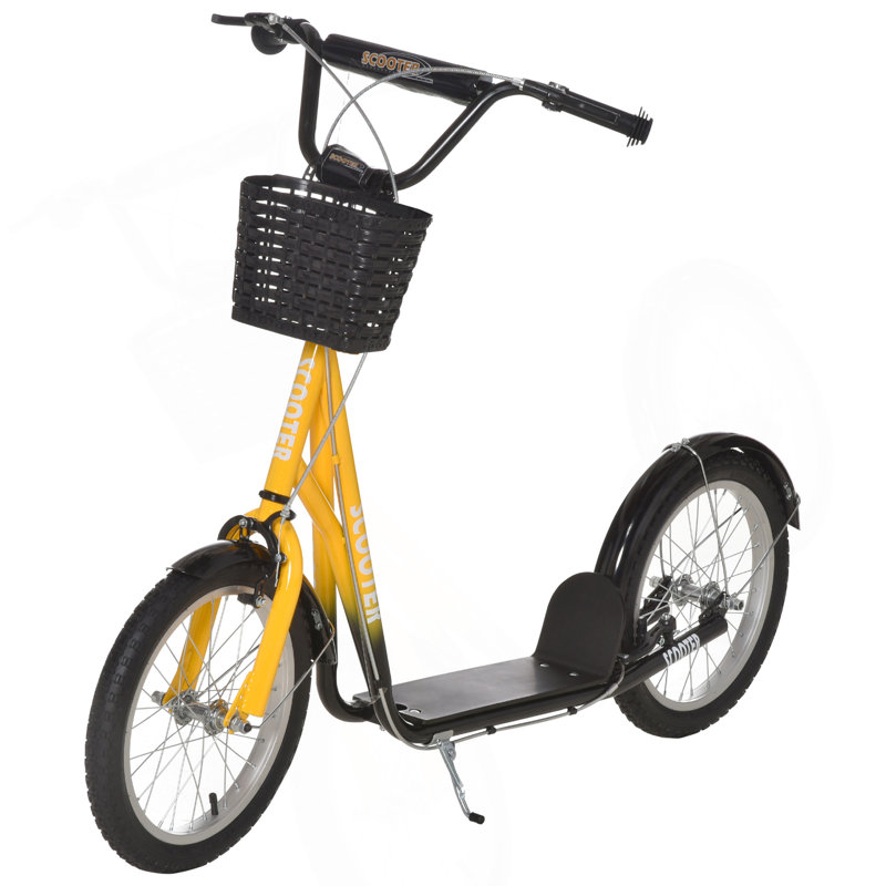 Scooter Aosom Youth, scooter Kick avec guidon réglable, freins doubles, pneus gonflables en caoutchouc de 16 po, panier, porte-gobelet, orange