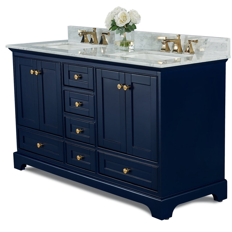 Audrey 60'' W Double Vanity, Gold, White, Carrara White