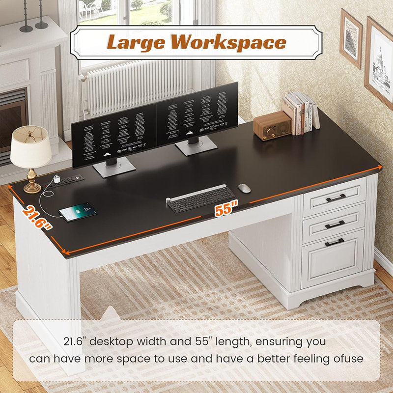 Office Desk With 3 Drawers, 55" Executive Computer Desk W...
