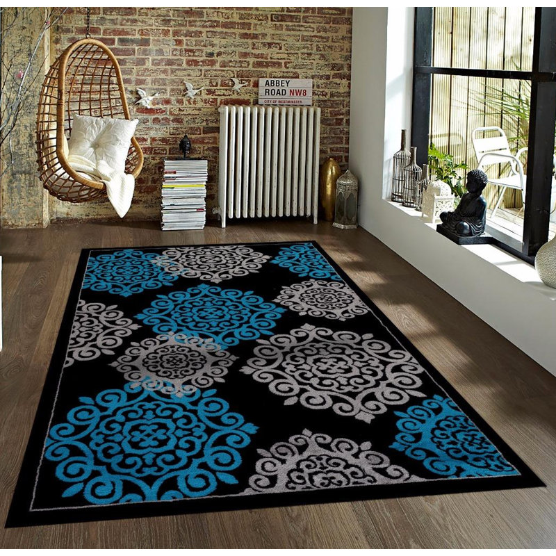 Tapis intérieur/extérieur turquoise / noir à motif ikat Blocher, 8 pi x 10 pi