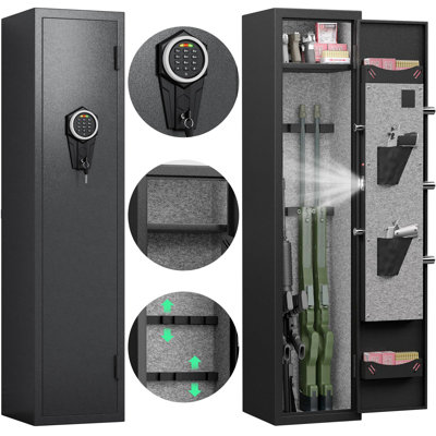 5 Gun Safe, Quick Access Rifle Gun Safe with Silent Mode and Alarm System, Gun Safe for Rifles and Pistols, Gun Cabinet with Removable Shelf and 3 Adjustable Gun Slots