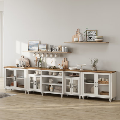Buffet avec 8 portes en verre, grandes tables basses et armoires de rangement en bois avec 13 rangements, blanc, 137 pouces