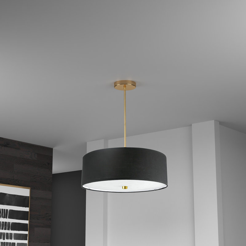 Lustre tambour 4 lumières à abat-jour Tess, Noir, Laiton vieilli