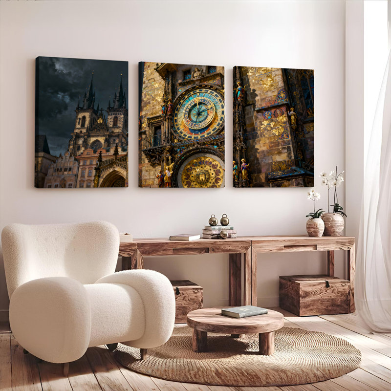 Ensemble de 3 tableaux muraux sur toile représentant une horloge astronomique de Prague et une architecture gothique