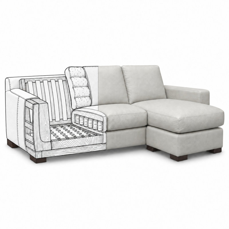 Madison Heirloom Quality Chaise with Ottoman Base in Buttery Soft 100% Top Grain Leather, Made to Order, Boca Winter White