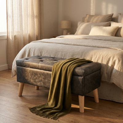 Banc de rangement avec repose-pieds avec plateau intégré et pieds en bois