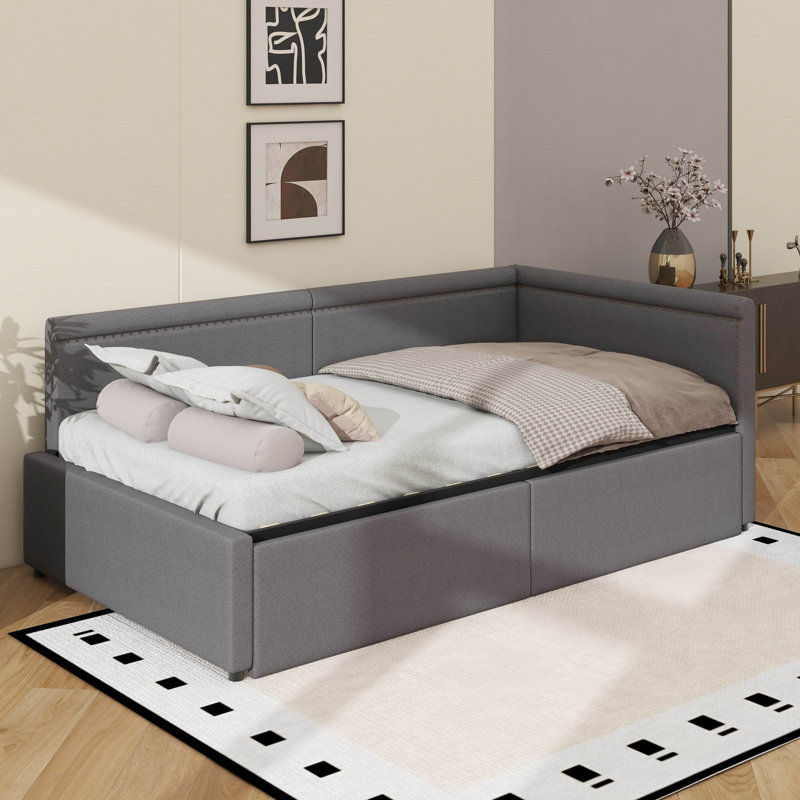 Lit de jour simple d'angle simple en forme de L avec tiroirs de rangement coulissants, Gris