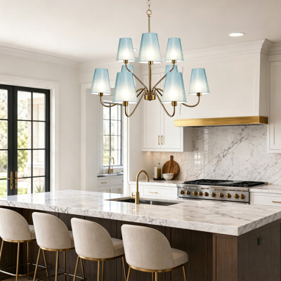 9-Light Large Brass Chandelier with Light Blue Fabric Shades, Adjustable Chain Modern Tiered Pendant Light for Living Room Large Dining Room Foyer, E12 Base, Bulbs Not Included