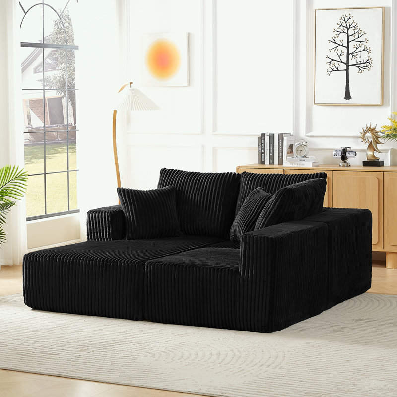 Canapé modulaire en L en velours côtelé avec assise profonde et méridienne gauche, Orienté à gauche (vu de face)