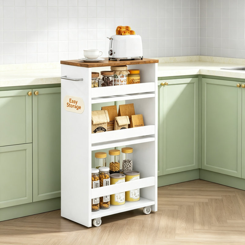 4 Tier Slim Rolling Storage Cart with Handle and Lockable Wheels Narrow Utility Trolley for Kitchen Laundry Room Bathroom Small Spaces White and Rustic Brown 40 x 20 x 86 cm