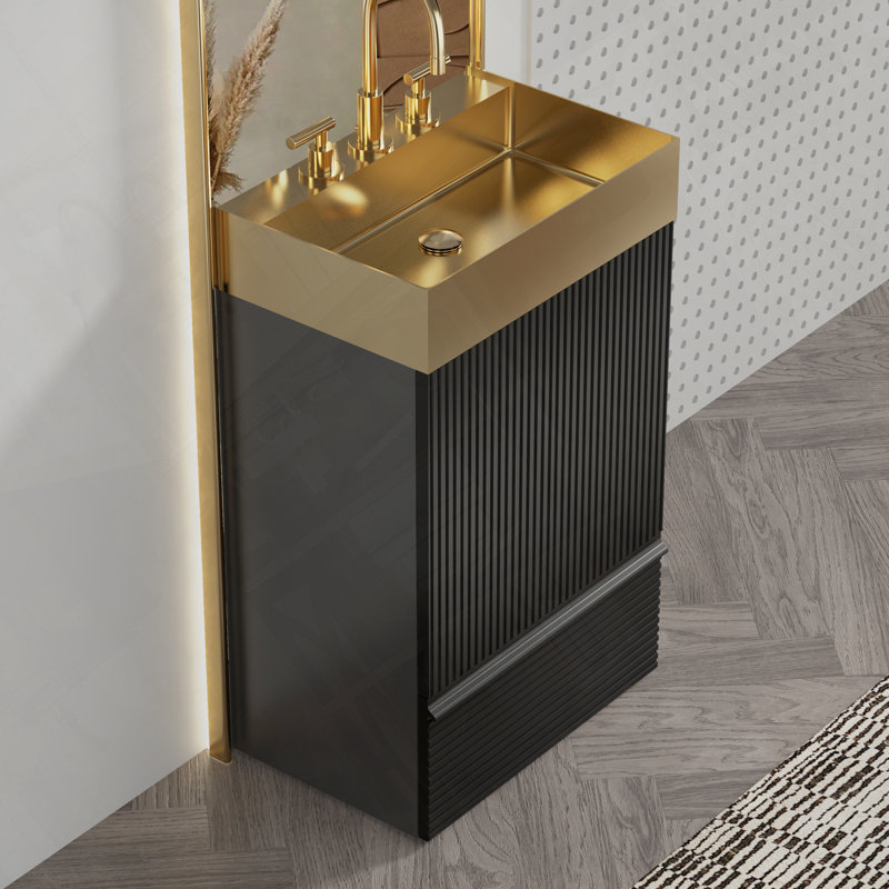 Meuble-lavabo autoportant avec évier intégré en acier inoxydable moderne avec rangement rayé, Noir