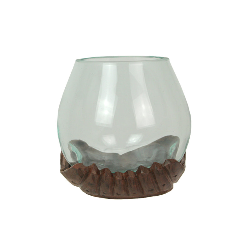 Vase, bol et terrarium en verre soufflé transparent soufflé transparent avec base en bois naturel sculpté - L 7 po x l 7 po x H 5,25 po