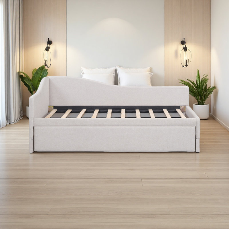 Lit de jour simple tapissier en L rembourré en forme de L avec lit gigogne, Beige