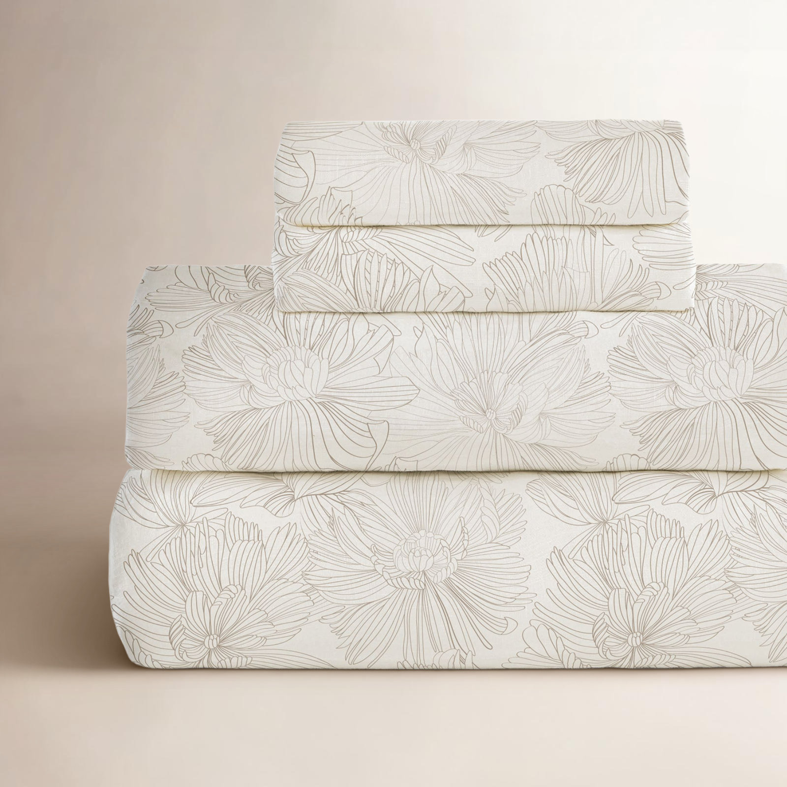 100% French Linen Sheet Set, Full Sheet Set with 2 Pillowcases, Cream/Putty Floral