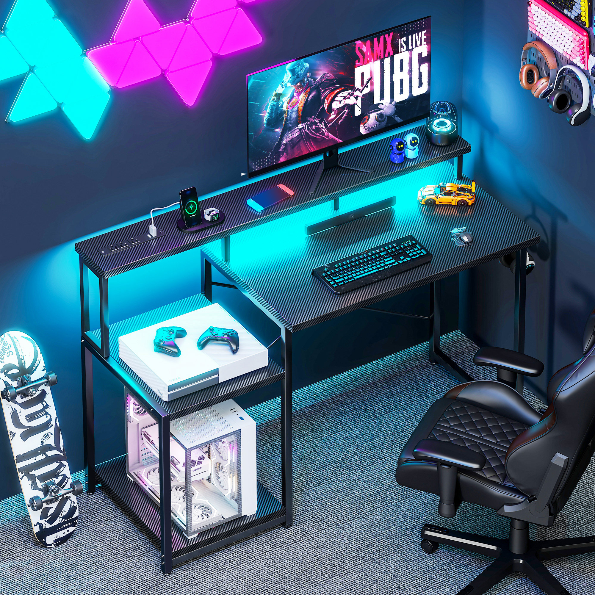 Inbox Zero Nergui Home Office Computer Desk with Power Outlet,LED ...