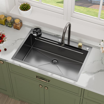 Waterfall Kitchen Sink 33"L x 22"W Drop-in Stainless Steel Kitchen Sink with Pull-Down Faucet