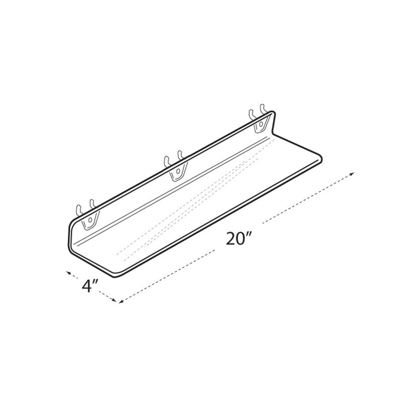 Tablette transparente en acrylique pour panneau perforé et lattes 20 po x 4 po x 2 po, paquet de 4