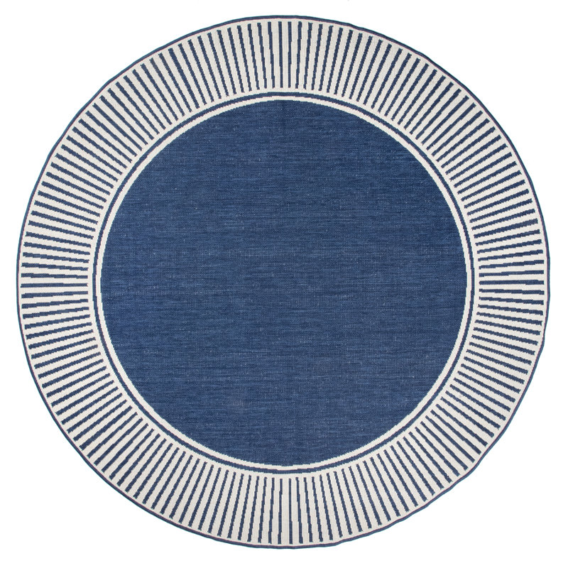 Tapis d'intérieur / extérieur brun clair tissé à la machine Alegre, Navy, Rond 6 pi 7 po