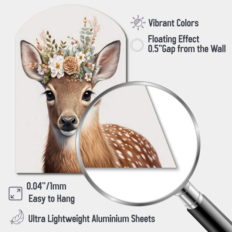 Mignon bébé cerf avec couronne florale I - impression murale de cerfs en arc, H 34 po x l 25 po