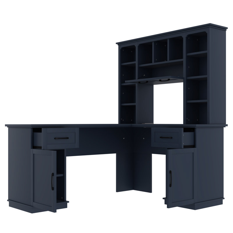 L-Shaped Computer Desk With Drawers, Cabinets & 11 Shelves, Power Outlet For Home Office & Study, Antique Blue, Blue
