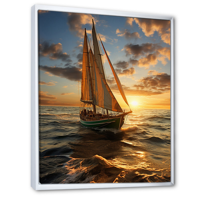 Voilier au coucher du soleil II sur toile, H 44 po x l 34 po x P 1,5 po, Cadre flottant blanc