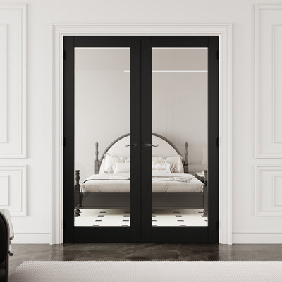 64" x 80" 1-Lite Black Clear Glass Interior French Door with Black Hardware & Latch & Door Lever, Tempered Glass Door Slab with Satefy, Sound-Dampening & Waterproof, Suit for Laundry, Closet Doors, Room Doors, Assembly Required