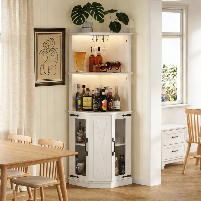Spacious Corner Bar Cabinet with Power Outlet, Adjustable Shelves, and Glass Rack for Farmhouse Elegance in Any Room