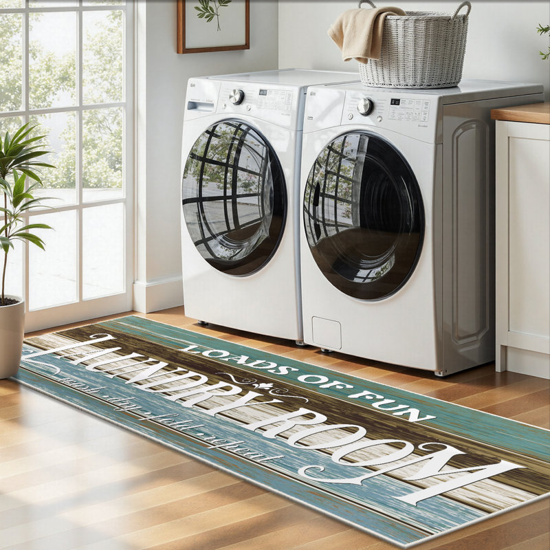 2'x6'  Laundry Room Rug Farmhouse Washable Non Slip Kitchen Mat Runner Rug, Teal