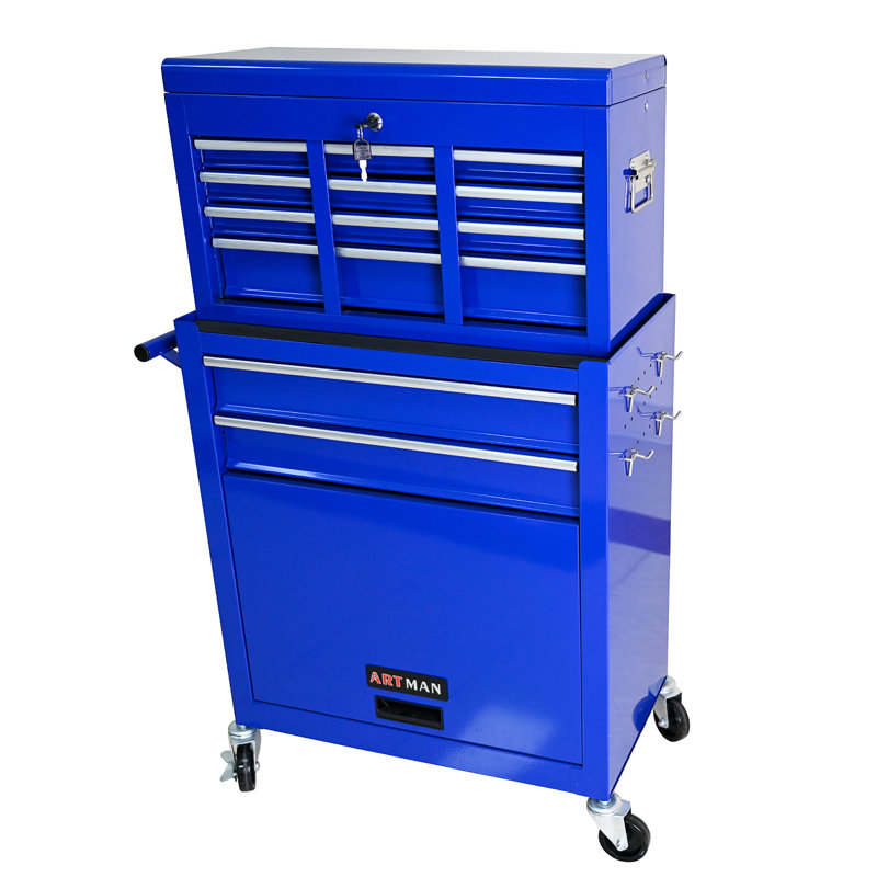 Coffre à outils de grande capacité avec roulettes et tiroirs, Blue