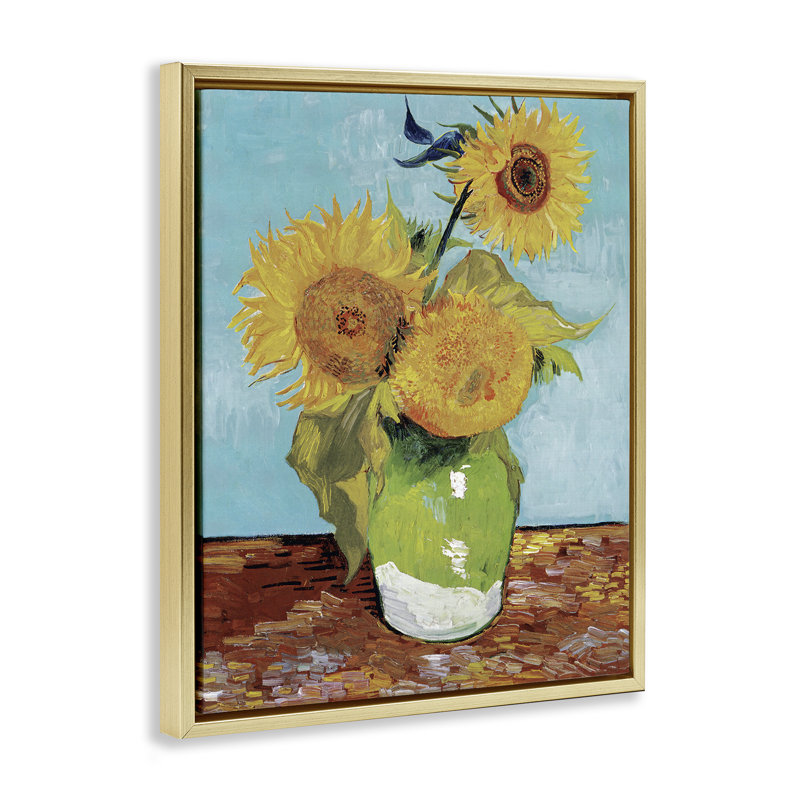 «Van Gogh Sunflowers», art mural encadré flottant par Andrea Haase, H 31 po x l 25 po, Cadre flottant métallique doré