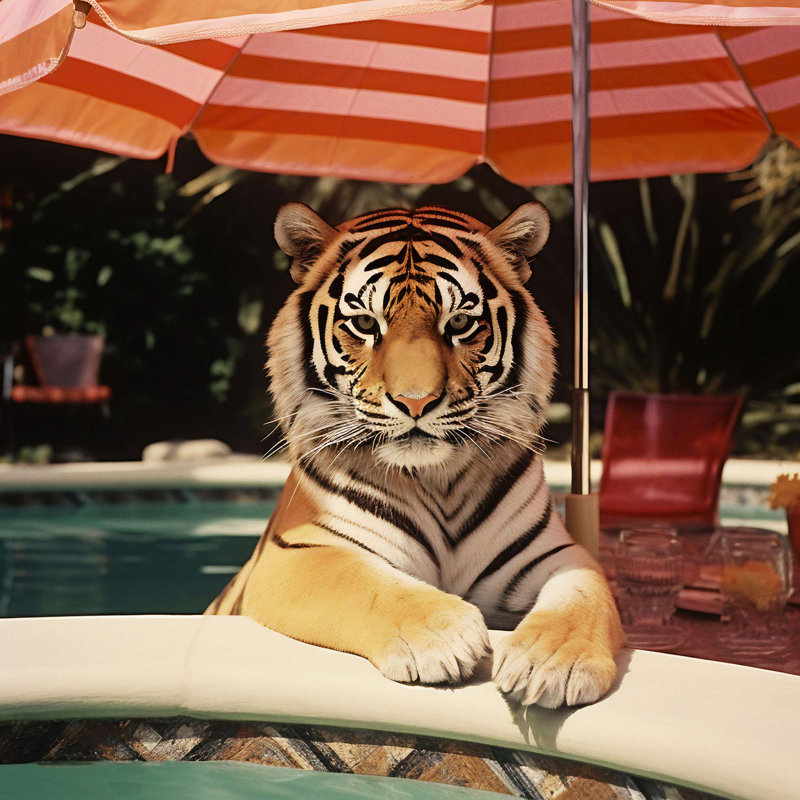 Oliver Gal Poolside Tiger Encounter Coastal - Luxury Shadowbox Framed Wall Art, 37.5" H x 25.5" W, Black