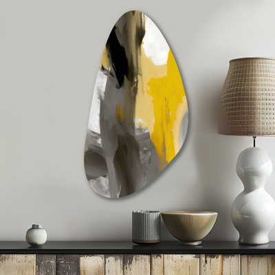 Moutarde jaune et gris vif II - art abstrait abstrait en forme de métal asymétrique