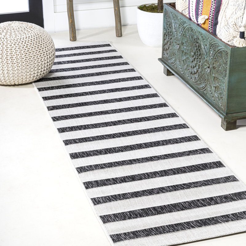Aveiro Wide Stripe Black/Cream Indoor/Outdoor Rug, Runner 2'2" x 8'