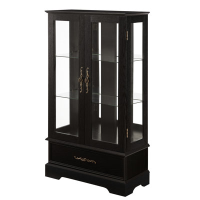 Retro - Style Glass Cabinet With Graceful Curved Legs And Chic Metal Handles, Black, For Hallway Decoration Lighted Display 360° Mirrored Back 1 Fixed Wood Shelf, Showcasing Treasures
