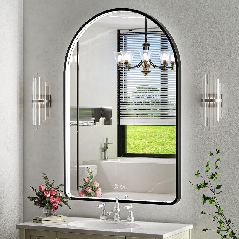 Miroir arqué noir 40 x 30 pouces à DEL pour salle de bain, 3 couleurs