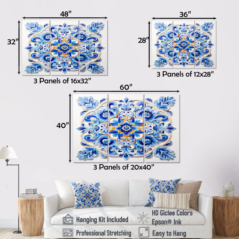 Carreaux de mosaïque floraux bleu azur - ensemble de décorations murales abstraites, Toile tendue, H 40 po x l 60 po x P 1 po